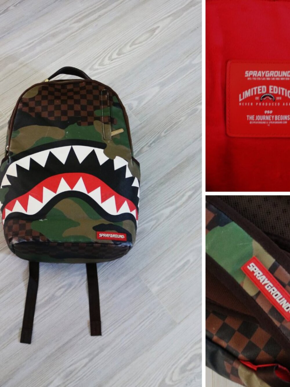 Sprayground Checkered Shark Mouth Backpack Green Mahogany Red Unisex READ